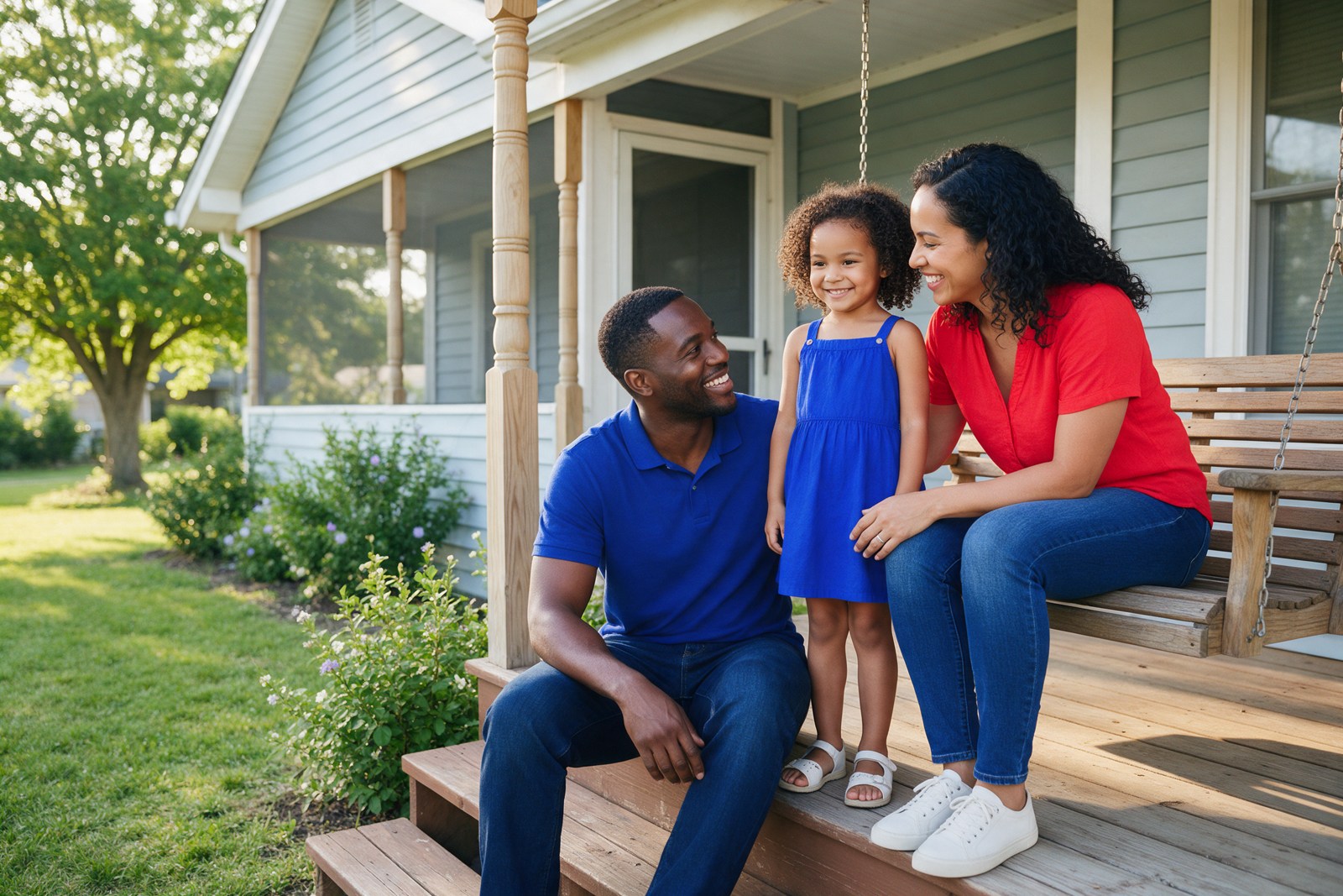 An illustrative family sharing a relaxed moment on their front porch